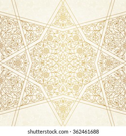 Vector seamless pattern with outline floral ornament. Vintage design element in Middle Eastern style. Ornamental lace tracery. Ornate golden wallpaper. Traditional arabic decor on light background.