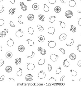 Vector seamless pattern of outline fruits such as avocado, apricot, orange, pineapple, peach, mango, grape, pear, apple, pomegranate, banana, kiwifruit, watermelon, lemon  