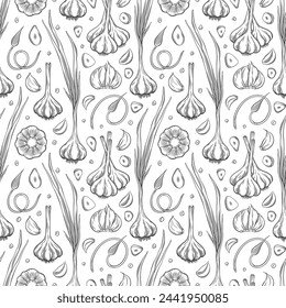 Vector seamless pattern with outline garlic bulb and garlic cloves. Sketch garlic illustration with cut and whole bulbs, cloves, stem and green.