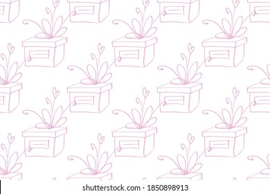 Vector Seamless pattern with outline gift box in doodle style, line art. Cute hand drawn presents on holidays background and texture. For Valentine day, birthday, greeting cards, wrap paper, fabric