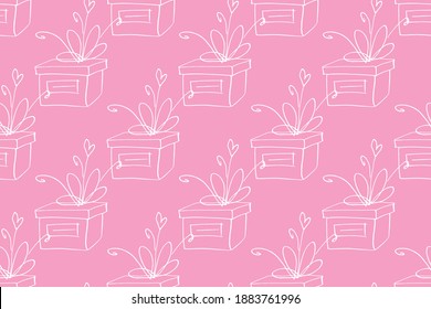 Vector Seamless pattern with outline gift box in doodle style, line art. Cute hand drawn presents on holidays background and texture. For Valentine day, birthday, greeting cards, wrap paper, fabric