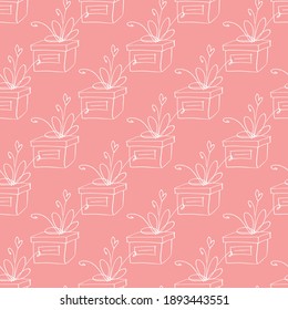 Vector Seamless pattern with outline gift box in doodle style, line art. Cute hand drawn presents on holidays background and texture. For Valentine day, birthday, greeting cards, wrap paper, fabric