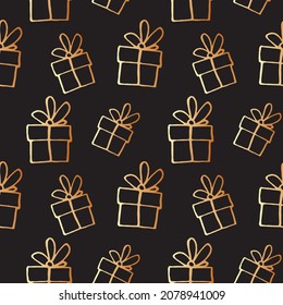 Patrón sin vectores con caja de regalo de contorno en estilo doodle. Presentes dibujados a mano en los fondos de vacaciones y texturas. Para Navidad, cumpleaños, tarjetas de felicitación, papel de envoltura, textiles
