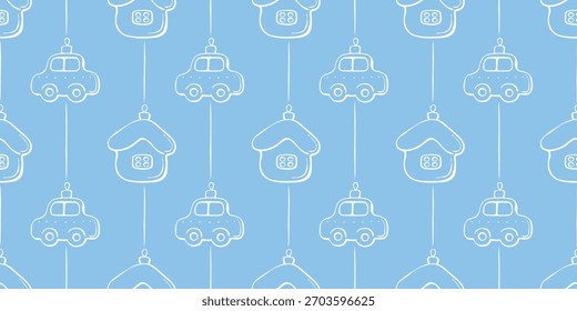 Patrón sin fisuras de Vector con juguetes de vidrio de contorno, decoraciones en forma de coche y casa para el árbol de Navidad. Fondo azul claro festivo, textura para Navidades, año Nuevo, diseño de invierno