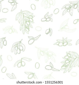 Vector seamless pattern in outline with green olive brunches on white background. Linocut olive repeated background. Hand drawn illustration backdrop. Organic sketches elements. 