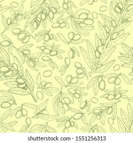 Vector seamless pattern in outline with green olive brunches with leaves on begie background. Linocut olive repeated background. Hand drawn illustration backdrop. Organic sketches elements. 