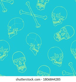 Vector Seamless Pattern of Outline Green Skulls and Bones on Turquoise Background. Acid Colors Design.