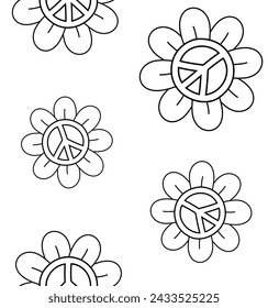 Vector seamless pattern of outline groovy retro peace sign and flowers isolated on white background