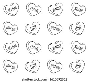 Vector seamless pattern of outline hand drawn doodle sketch valentine candy hearts with love text isolated on white background