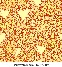 Vector seamless pattern with outline hand drawn decorative doodle hearts. Endless background. Template for your design 