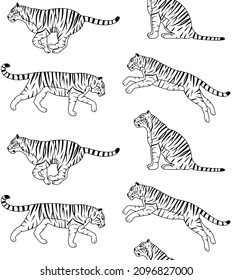Vector seamless pattern of outline hand drawn flat tigers isolated on white background