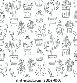 Vector seamless pattern with outline hand drawn cactus and succulents. Cacti in pots. Beautiful floral design elements, perfect for prints and surface. Repeating hand drawn background