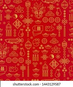 Vector seamless pattern with outline illustration of Chinese style design elements on red bacrground. Rat zodiac sign, symbol of 2020 on the Chinese calendar. White Metal Rat, chine lucky. 