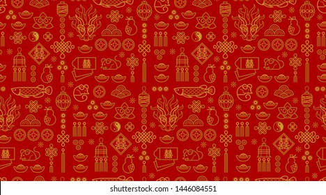 Vector seamless pattern with outline illustration of Chinese style design elements on red background. Rat zodiac sign, symbol of 2020 on the Chinese calendar. White Metal Rat, chine lucky. 