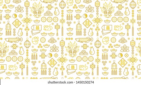 Vector seamless pattern with outline illustration of Chinese style design elements on white background. Rat zodiac sign, symbol of 2020 on the Chinese calendar. White Metal Rat, chine lucky. 