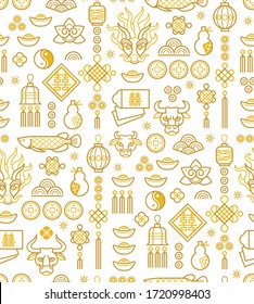 Vector seamless pattern with outline illustration of Chinese style design gold elements on white background. Ox Zodiac sign, Symbol of 2021 on the Chinese calendar. White Metal Bull, Chine Lucky. 