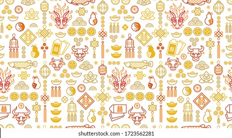 Vector seamless pattern with outline illustration of Chinese style design gold, red elements on white background. Ox Zodiac sign, Symbol of 2021 on the Chinese calendar. White Metal Bull, Chine Lucky