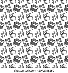 Vector seamless pattern. Outline Illustrations of reusable cups. Coffee and tea mugs for take away drinks. For advertising social media posts printing on paper and fabric.