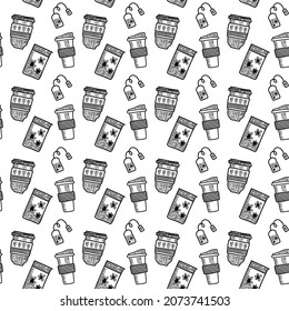 Vector seamless pattern. Outline Illustrations of reusable cups. Coffee and tea mugs for take away drinks. For advertising social media posts printing on paper and fabric.