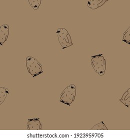 Vector seamless pattern of outline  king penguin children chicks. Doodle cartoon isolated kid fluffy animals on brown background. Front and side views. Black brown colors for kid clothes or patters