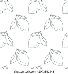 Vector seamless pattern with outline lemon with leaves. Citrus wallpaper.