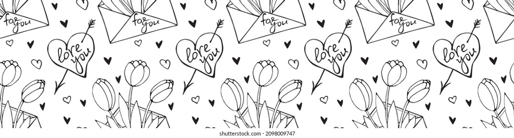 Vector seamless pattern with outline letter, flowers tulips, hearts and lettering of love theme. Hand drawn texture, background for wrapping paper, textile, greeting card, Valentine's Day.