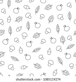 Vector seamless pattern with outline mushrooms, acorns, apples and leaves
