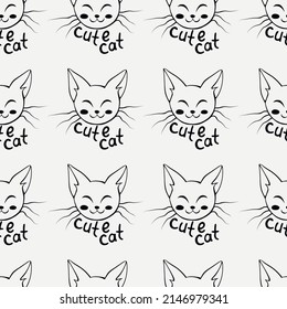 Vector seamless pattern with outline muzzles of cute cat and lettering in doodle style. Funny background, texture, isolated