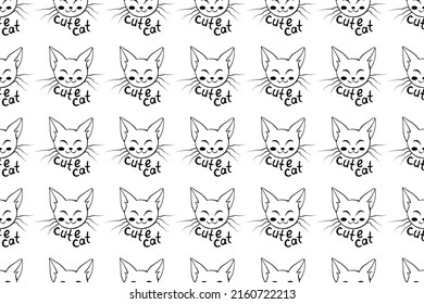 Vector seamless pattern with outline muzzles of cute cat and lettering in doodle style. Funny background, texture, isolated