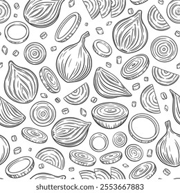 Vector seamless pattern with outline onion bulb and slices. Sketch onion illustration with cut and whole bulbs, slices, rings. Onion background.