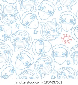 Vector seamless pattern with outline of people wearing medical protective mask and molecules of microbes, viruses, bacteria. Measures to prevent infection. Coronavirus pandemic. Hand drawn, doodle