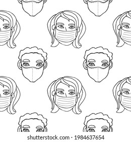 Vector seamless pattern with outline of people wearing medical protective mask. Virus prevention measures. Coronavirus pandemic, epidemic disease. Hand drawn texture in cartoon style doodle