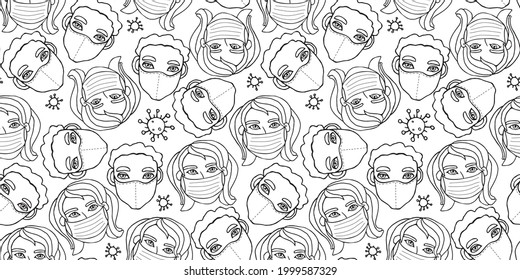 Vector seamless pattern with outline of people wearing medical protective mask and molecules of microbes, viruses, bacteria. Measures to prevent infection. Coronavirus pandemic. Hand drawn, doodle