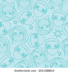 Vector seamless pattern with outline of people wearing medical protective mask and molecules of microbes, viruses, bacteria. Measures to prevent infection. Coronavirus pandemic. Hand drawn, doodle