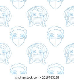 Vector seamless pattern with outline of people wearing medical protective mask. Virus prevention measures. Coronavirus pandemic, epidemic disease. Hand drawn texture in cartoon style doodle