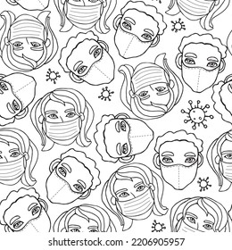 Vector seamless pattern with outline of people wearing medical protective mask and molecules of microbes, viruses, bacteria. Measures to prevent infection. Coronavirus pandemic. Hand drawn, doodle