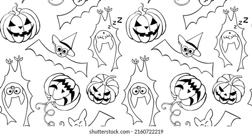 Vector seamless pattern with outline pumpkins, Jack o lantern, witch shifters and cute bats. Halloween texture in doodle style