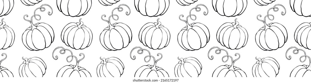 Vector seamless pattern with outline pumpkins in doodle style. Halloween or thanksgiving background and texture