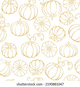 Vector seamless pattern with outline pumpkins in doodle style. Halloween or thanksgiving background and texture