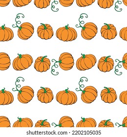 Vector seamless pattern with outline pumpkins in doodle flat style. Halloween or thanksgiving background and texture