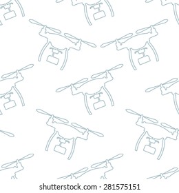 Vector seamless pattern with outline quadcopters on isolated white background. Could be used as print for web, textile and paper.