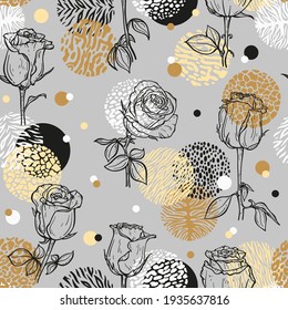 Vector Seamless Pattern of Outline Rose Flowers and Abstract Doodle Circles with Wild Animal Skin Print. Hand drawn Sketch Branches of Roses Floral Background. Plants Wallpaper