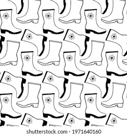 Vector seamless pattern of outline rubber rain boots for rainy weather or gardening, isolated. Hand drawn background and texture with element of clothes in doodle style