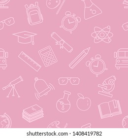 Vector Seamless Pattern with Outline School Icons on Pink Background