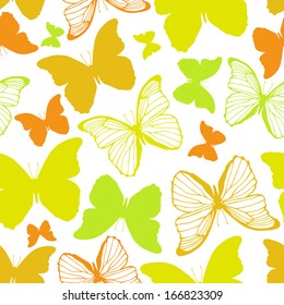 Vector seamless pattern with outline and silhouette colorful butterflies
