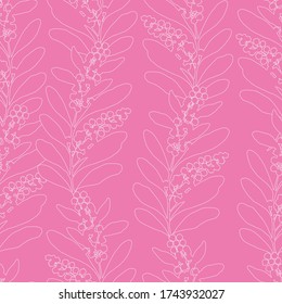 Vector seamless pattern with outline silhouettes of acacia flowering branch. Each outline silhouette is isolated on pink background for easy editing. Texture for ceramic tile wallpapers all over print
