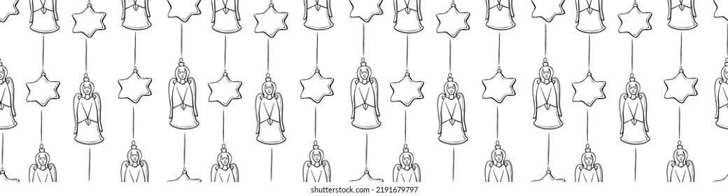 Vector seamless pattern with outline singing angels and stars. Christmas backgrounds and textures. Symbols of the birth of Jesus, the Star of Bethlehem, Christianity, Bible theme
