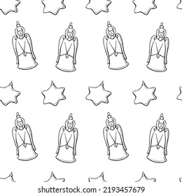 Vector seamless pattern with outline singing angels and stars. Christmas backgrounds and textures. Symbols of the birth of Jesus, the Star of Bethlehem, Christianity, Bible theme