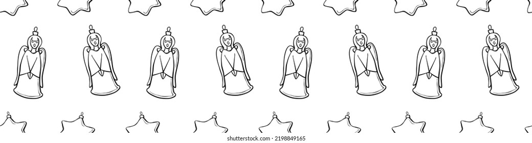 Vector seamless pattern with outline singing angels and stars. Christmas backgrounds and textures. Symbols of the birth of Jesus, the Star of Bethlehem, Christianity, Bible theme