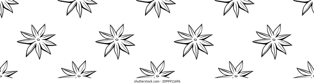 Vector seamless pattern of outline star anise in doodle style, isolated. Cooking background or texture with spice, ingredient, component for hot drinks, mulled wine and food